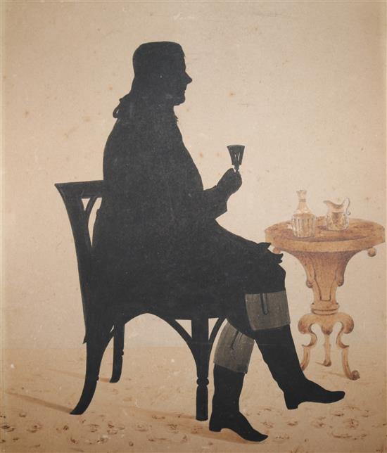 Early 19th century English School Full length profile of a gentleman seated at a table 27 x 21cm, unframed